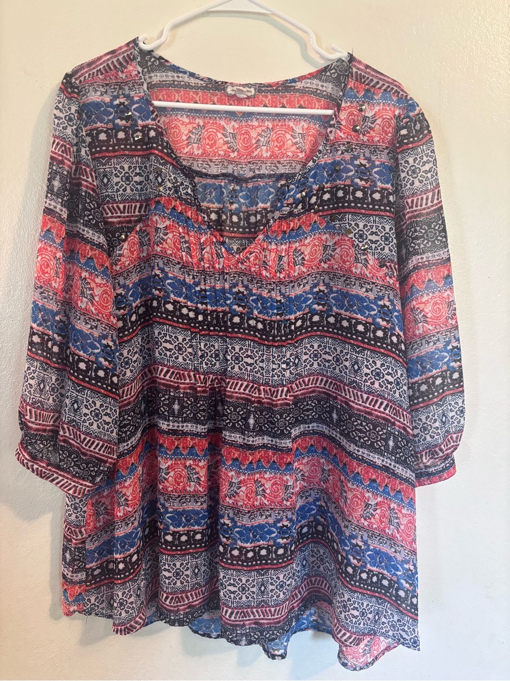 Eyeshadow Multicolor Boho Long Sleeve Tunic Dress - Blue & Pink